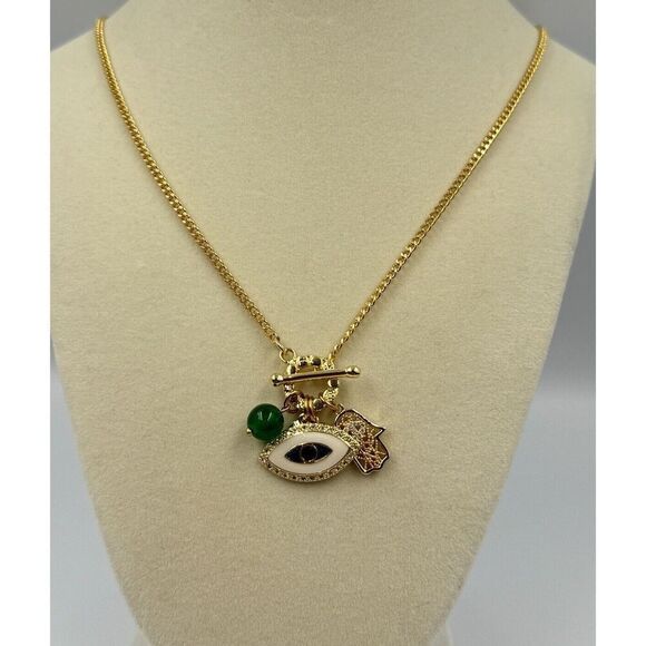 Gold Tone Evil Eye Jadeite Bead Heart Hasma Rhinestone Luck Charm Necklace 24” - Picture 1 of 7